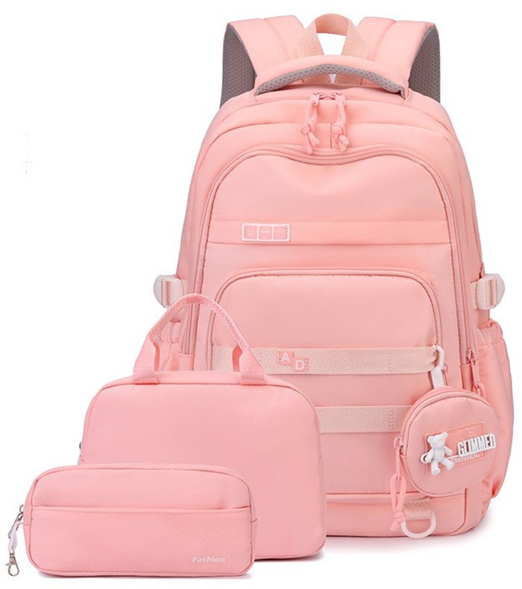 4-in-1 rugzakset voor meisjes – schattige lichte schoolrugzak voor tienermeisjes – waterdichte boekentas met lunchbox, etui en mini-portemonnee – voor basisschool- en middelbare scholieren – reisrugzak(Roze)
