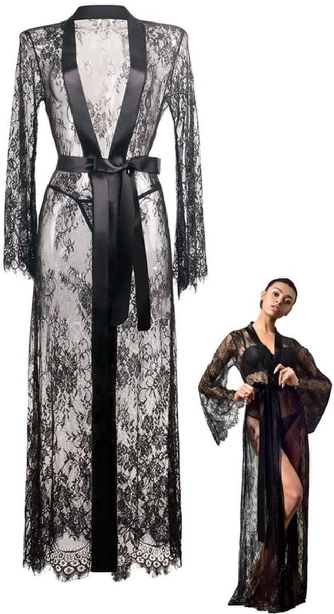Badjas Dames Lange Kimono - Sexy Netstof - Satijnen Riem - V-hals - Bloemenkant - Elegante Nachtkleding
