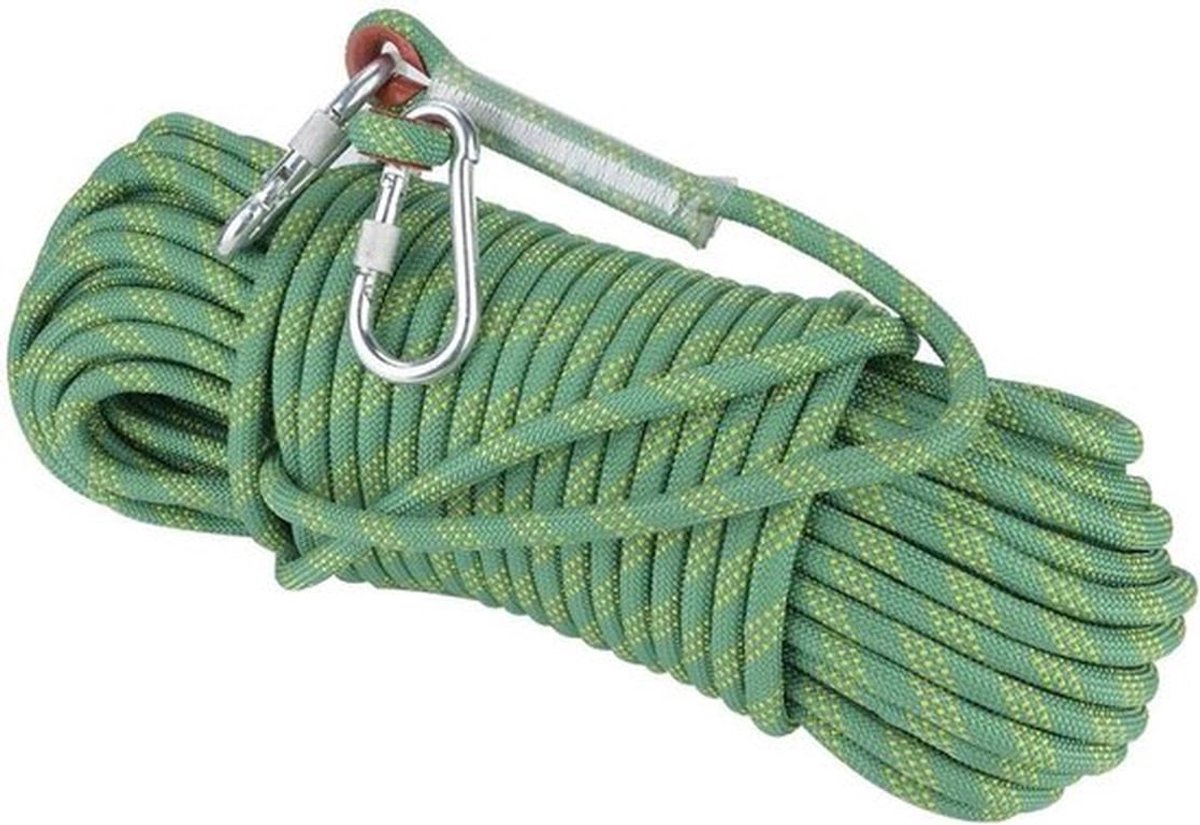 Klimtouw van 12 mm dik, scheurvast en 30 meter lang met karabijnhaken, ideaal voor bergbeklimmen en wandelen voor extra veiligheid en duurzaamheid