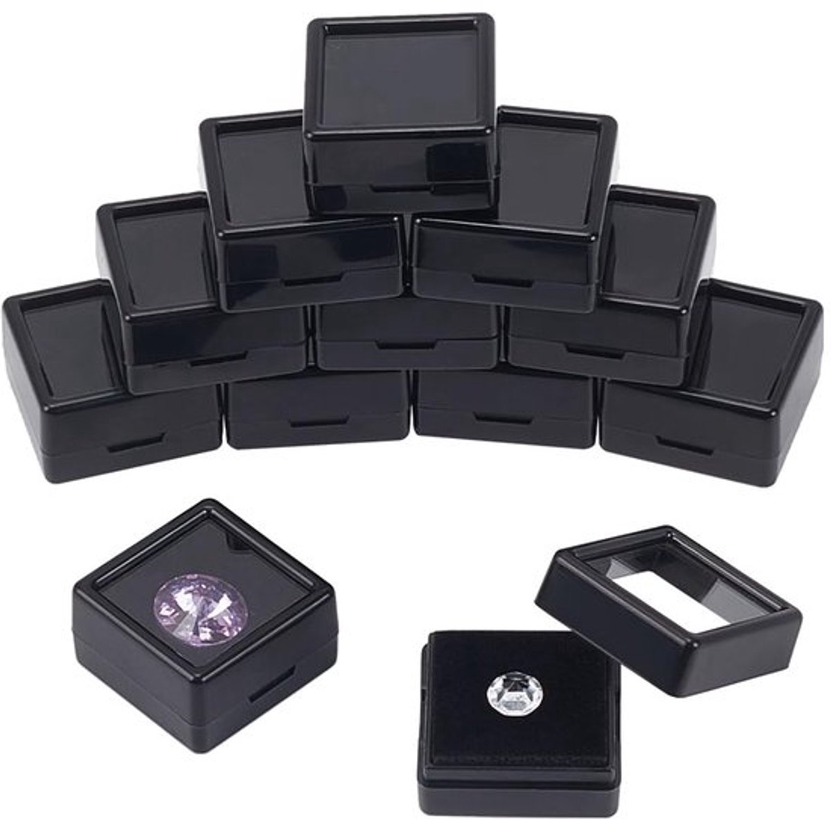 12 stuks edelsteen displaydozen, 1,1 x 1,7 x 1,5 inch zwarte sieraden display container diamant opbergdoos met doorzichtige plastic deksels en spons voor nude steen nude diamant