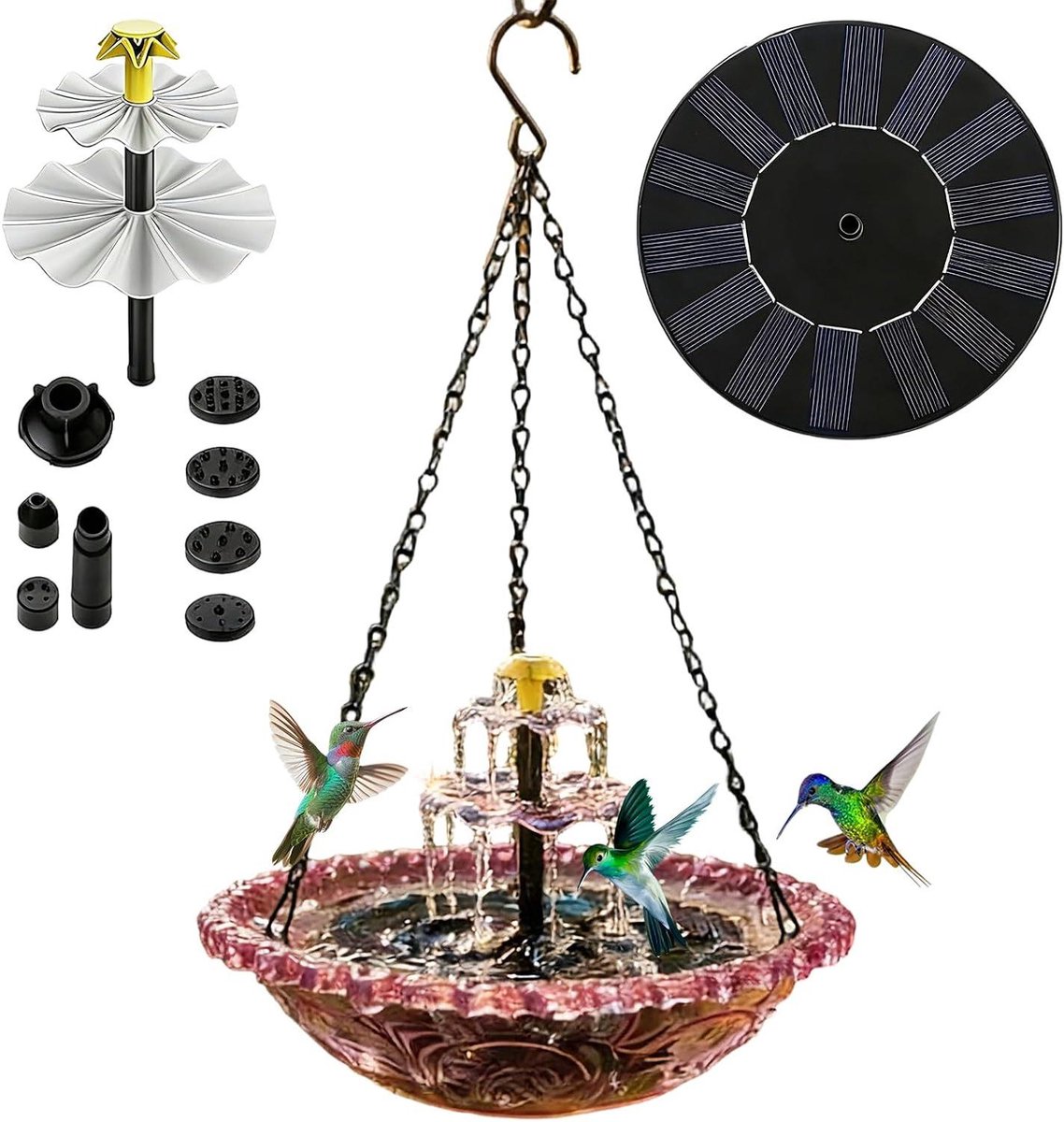 Vogelbad Fontein - Tuindecoratie Waterpartij - Tuin Verfraaien - Zonne-energie Aangedreven - 23.5 cm - Blauw Paars Grijs