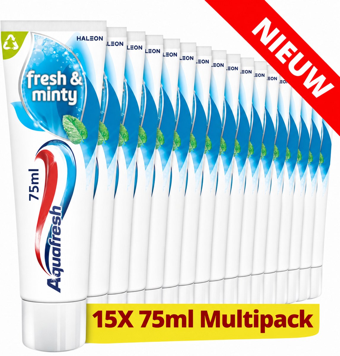 Aquafresh Fresh & Minty 3-in-1 - Tandpasta - Sterke Tanden & Gezond Tandvlees - Frisse Adem - Bevat Fluoride - Frisse Muntsmaak - Voordeelverpakking 15 x 75ml