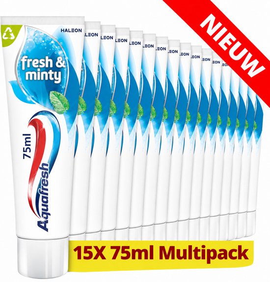 Een rij van 15 Aquafresh tandpastatubes met de tekst 'fresh & minty 75ml' en '15X 75ml Multipack'.