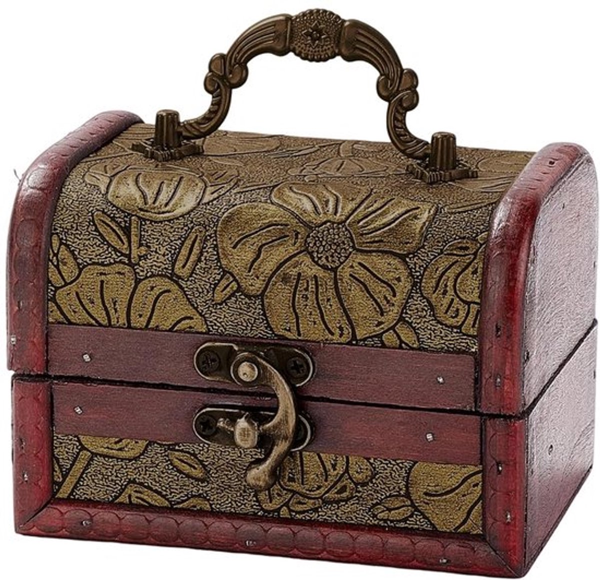 Mini-vintage houten sieradenkoffer, retro schatkist, piraat, opbergdoos, klein decoratief Europees kunstleer met handvat, voor sieraden, kralen, verjaardagscadeaus