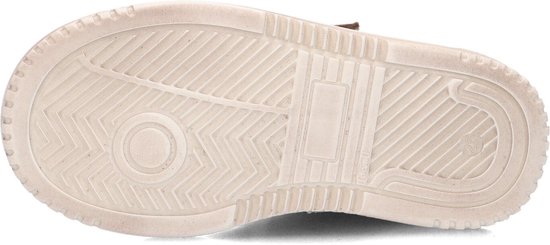 De onderkant van een taupe Develab sneaker met een gripvast profiel en het cijfer 26.