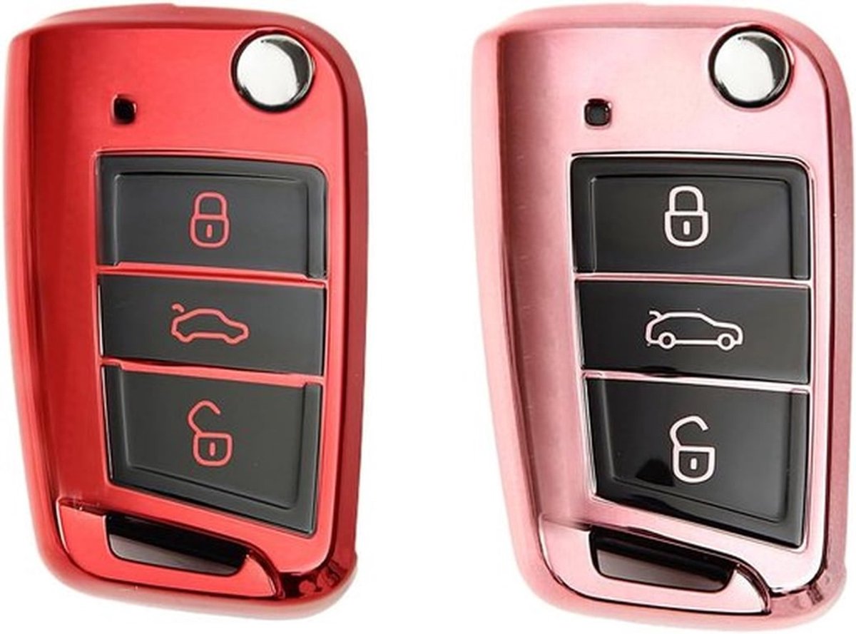 Beschermende Sleutelhoes voor Auto, 2 Stuks, Sleuteldoos, Geschikt voor VW Golf 7, Polo en Tiguan, Luxe Roze Goud en Rood Design, Sleutelbescherming en Accessoire