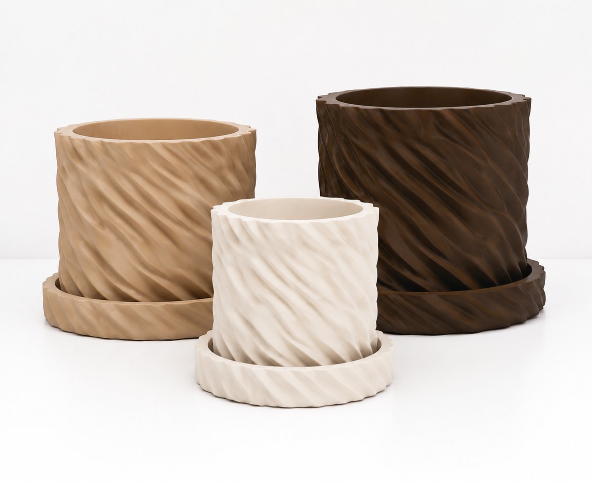 Bloempot Set van 3 met Schotel – 3D Geprinte Plantenpotten – Spiraal Design – Drainage – Small, Medium & Large