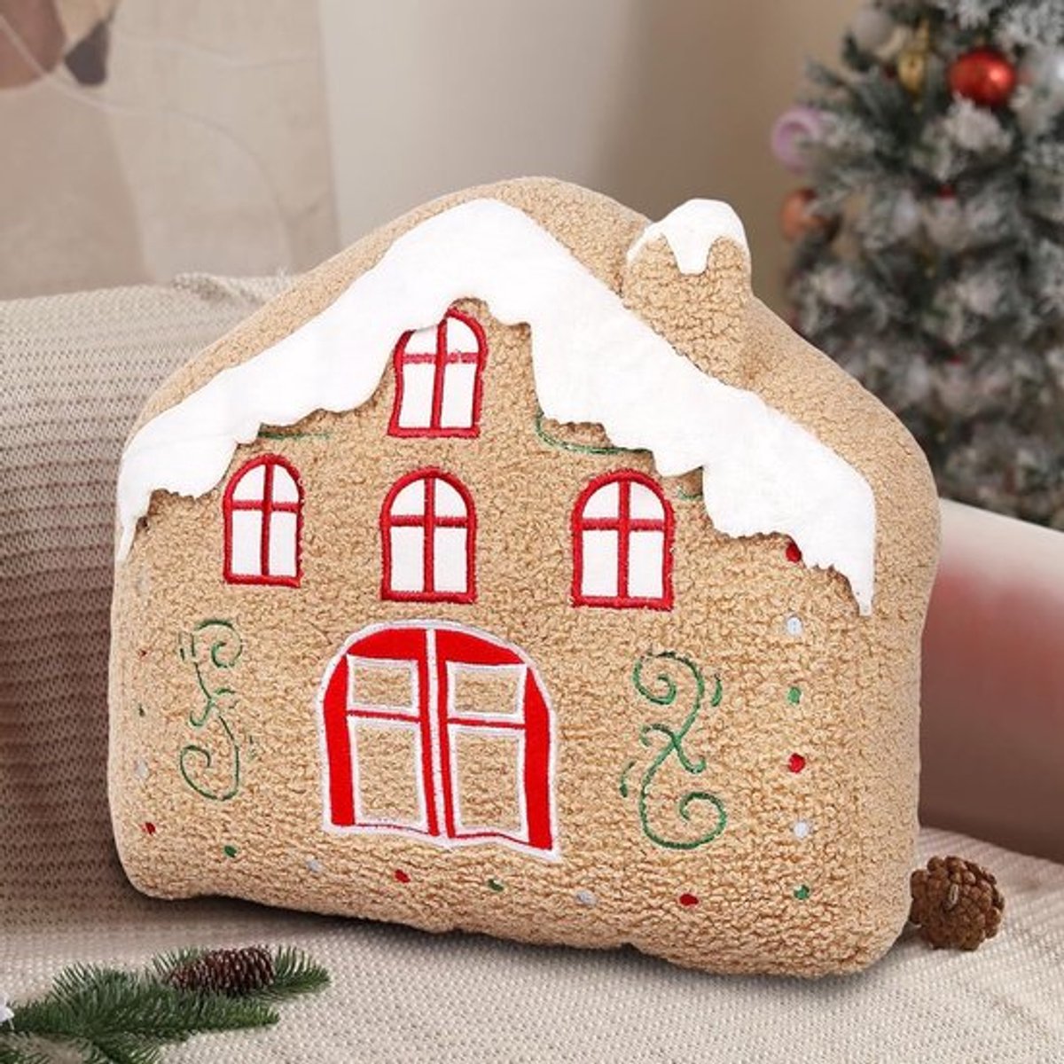 Kerstkussen 32 cm met Peperkoekhuisje – Creatieve Decoratie voor Bed en Bank, Perfect als Geschenk voor Woonkamer en Slaapkamer