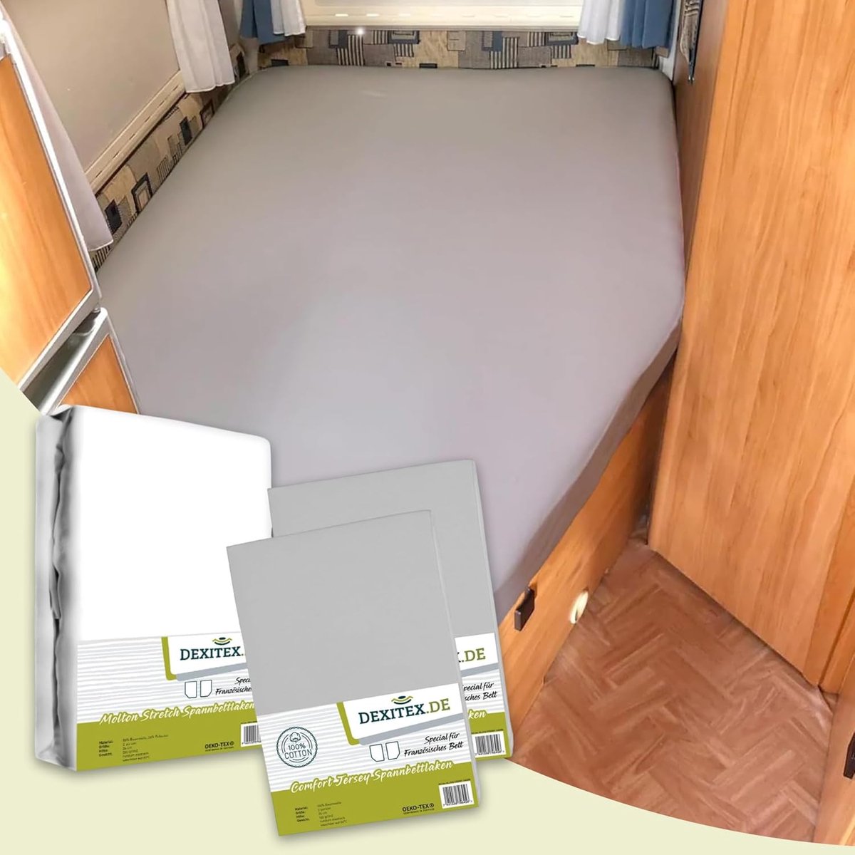 Beddengoedset voor campers en caravans - 3-delig - 2 grijze hoeslakens + 1 molton matrasbeschermer - complete oplossing - ShopVlot