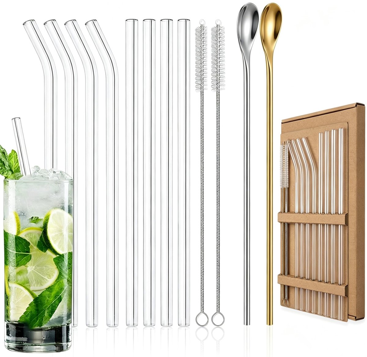 Herbruikbare glazen rietjes 20 cm - set van 12 stuks - 4 rechte & 4 gebogen - ShopVlot