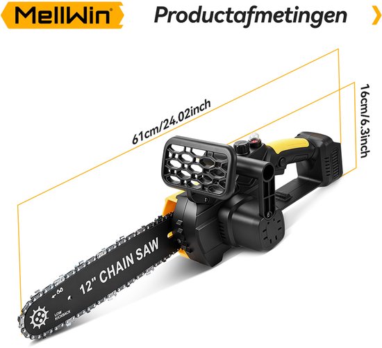 MellWin Elektrische Kettingzaag - 30 cm Kettingzaag - 4500W - met 2x Accu's - Borstelloze Handkettingzaag - Takkenzaag - voor houtbewerking en tuin — afbeelding 4