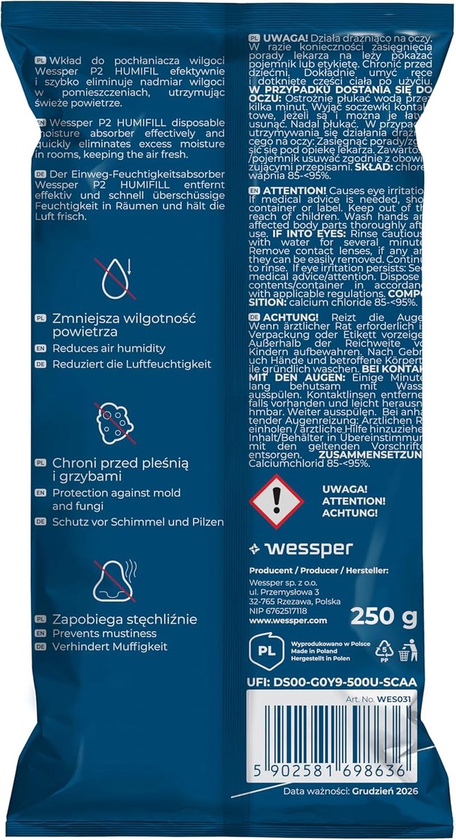 SnelShoppen - 5x Navulzakken voor Ontvochtiger 250 g – Vochtabsorberende Granulaat, Anti-Schimmel en Geuren, Universele Navulling Zonder Stroom, Gesch
