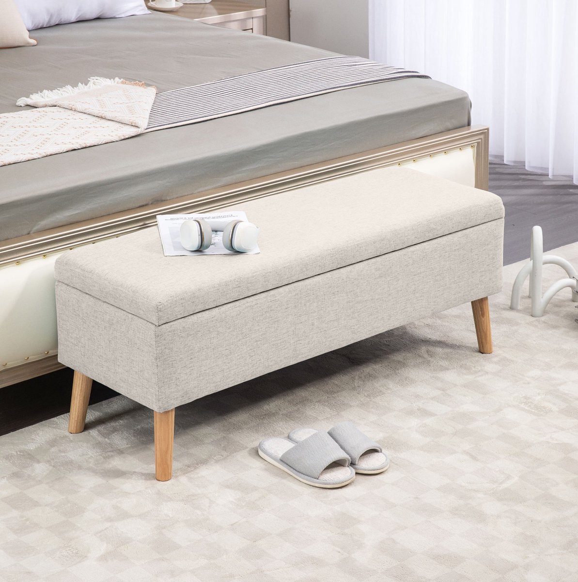 Opbergbank Met Zitting 110 X 39 X 45 Cm - Scandinavisch Design Met Opbergruimte - Voor Hal Woonkamer En Slaapkamer - Polyester - Beige