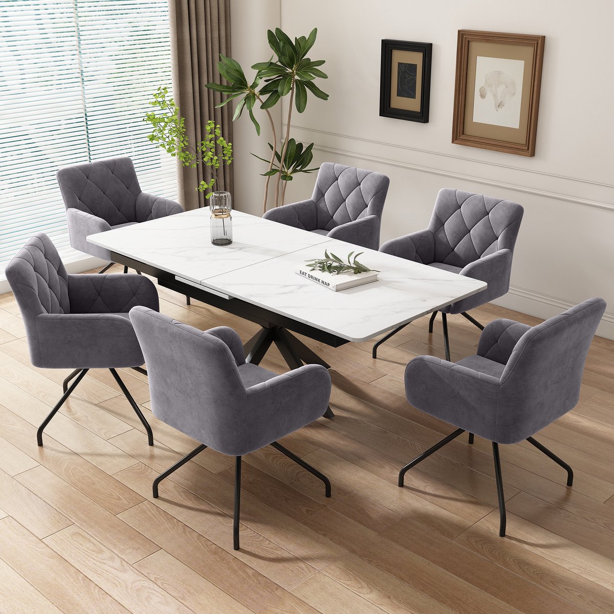 6 Zitplaatsen Eetkamerstoelen Set - Velvet Stoelen Met Ruitpatroon En Metalen Poten - Donkergrijs