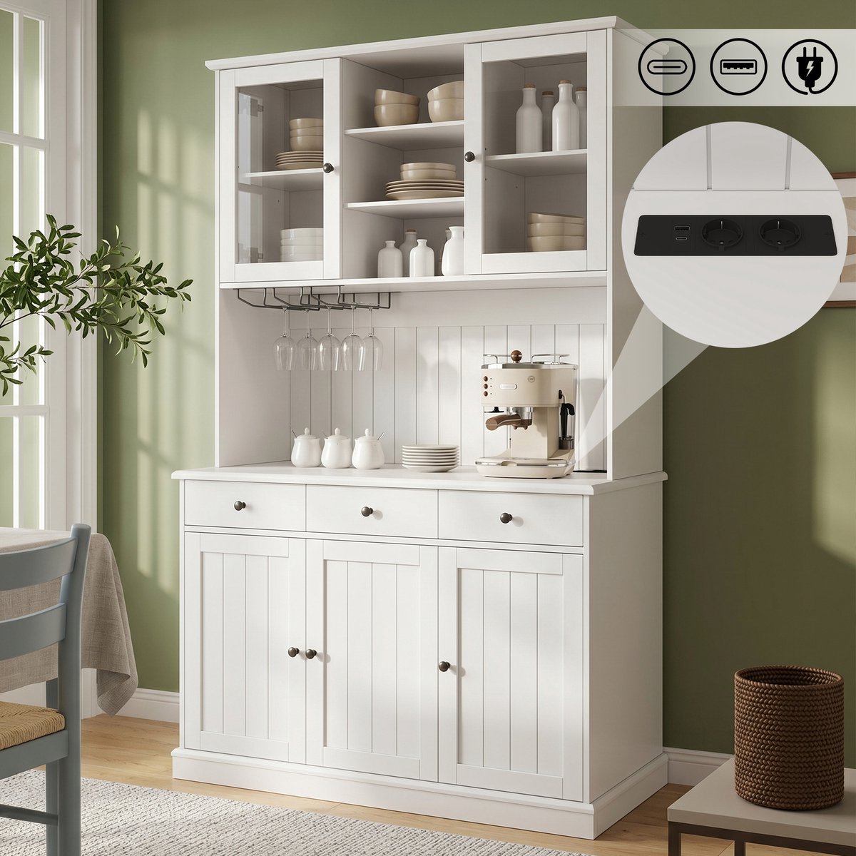 Buffetkast 120x40x191 cm - Hoge Kast Met Glazen Deuren, Glazenhouder, USB En Stekkerdoos Wit