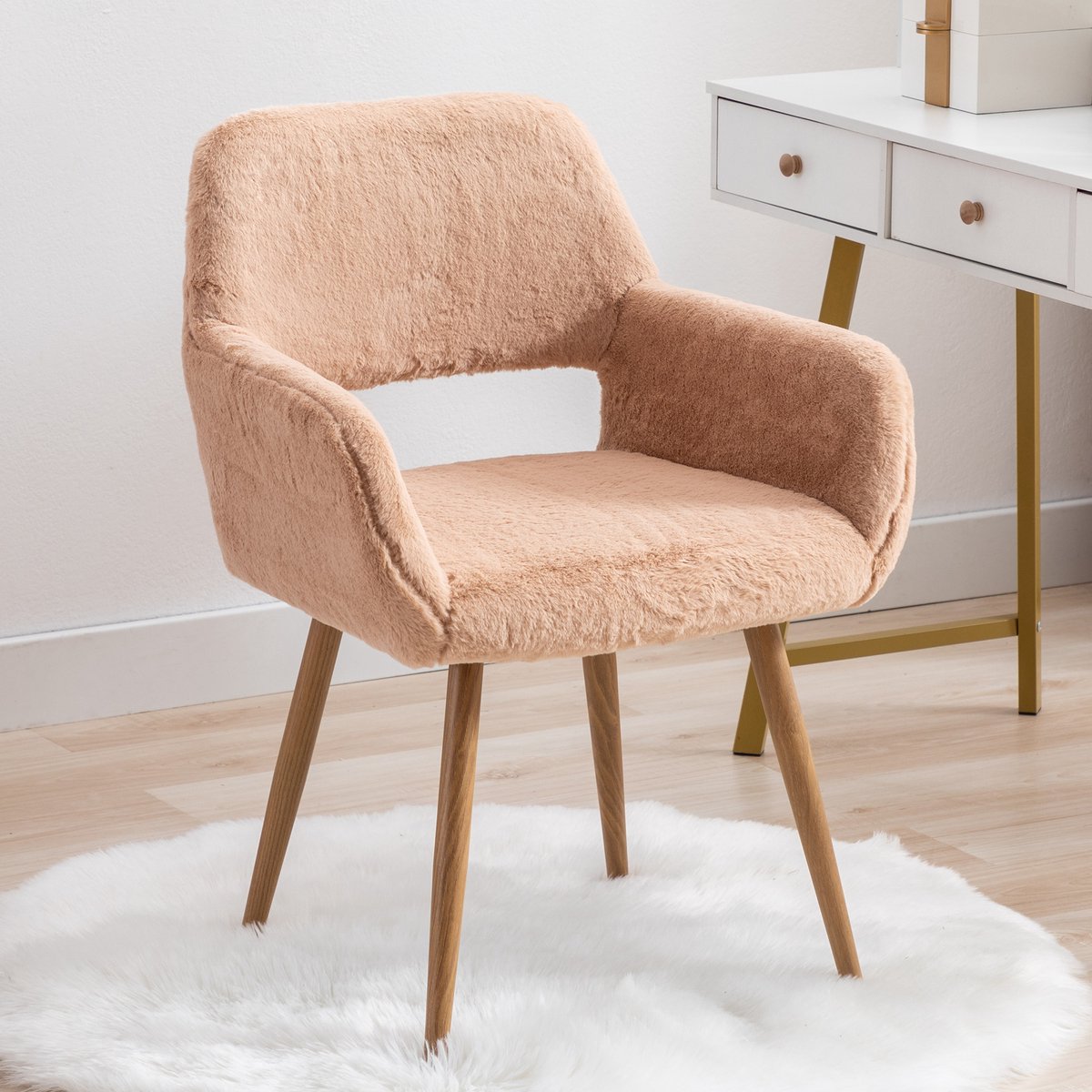 PHOEBE CAT Fauteuil - Make-upstoel - Eetkamerstoel - Kunstbontbekleding - Gelakte stalen poten - Camel