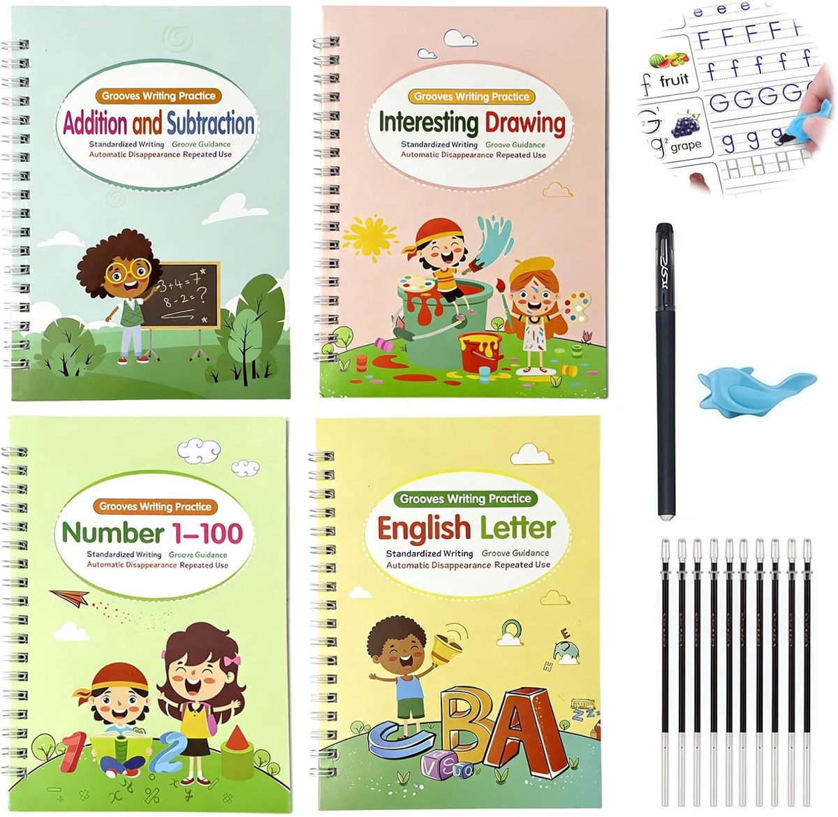 Oefenschrift voor kleuters - 4 stuks magisch schrijfboek - 1 pen en 10 navullingen - eindeloos oefenen zonder fouten - ShopVlot