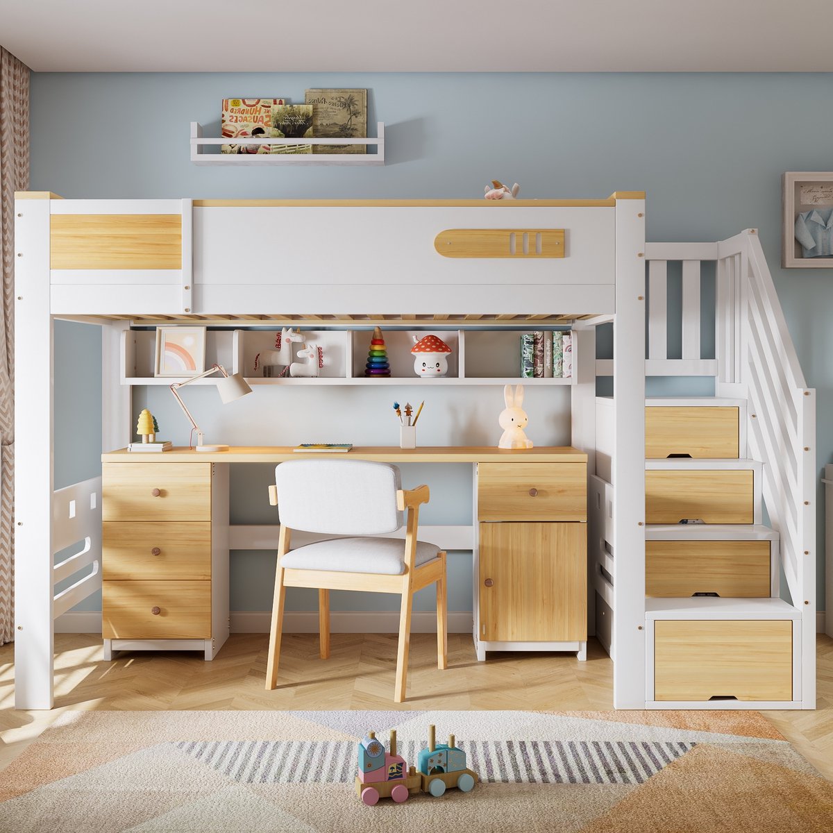 PHOEBE CAT Hoogslaper - 90 x 200 cm - Met bureau - 4 lades - Opbergplanken - Kinderbed - Wit + Naturel