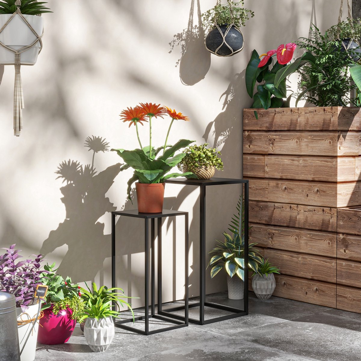 MIVRAY Plantenstandaard 2-Delig 31 X 31 X 65 Cm Staal Zwart Scandinavisch Design Voor Balkon, Tuin En Terras