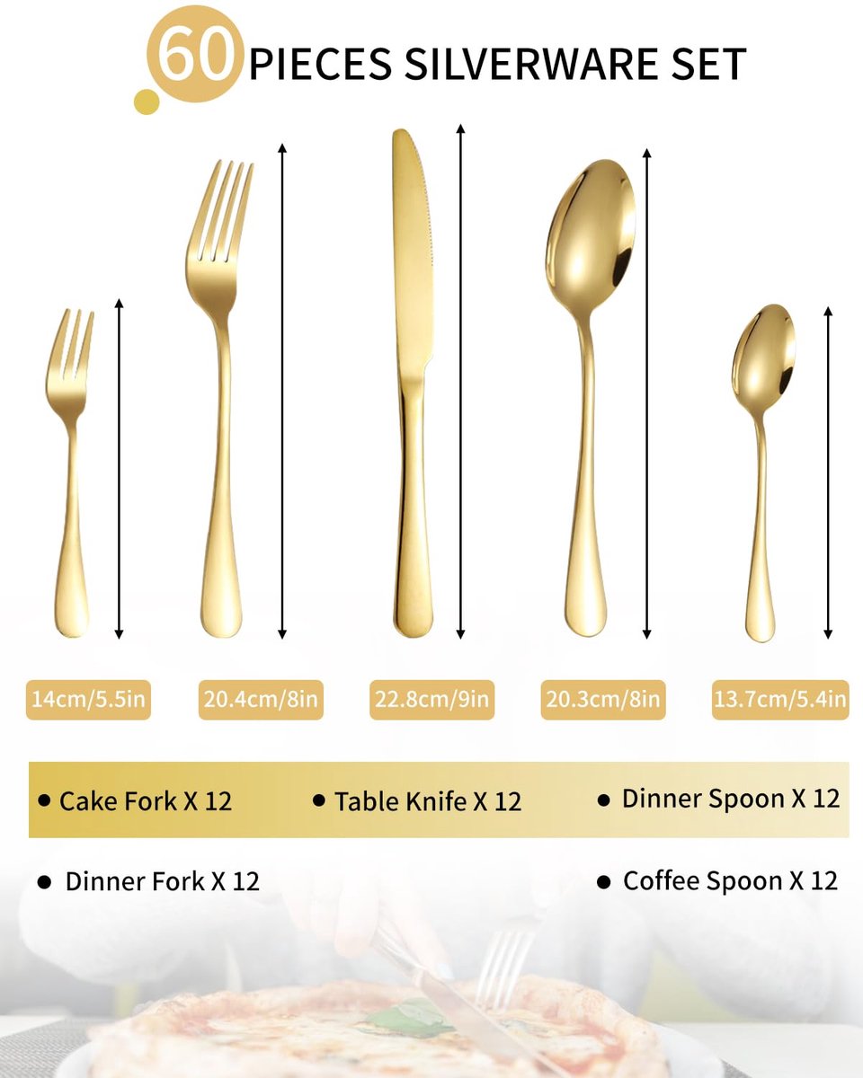 Bestekset voor 12 personen - 60-delig gouden bestek - hoogglans gepolijst - elegant voor thuis en feest - ShopVlot