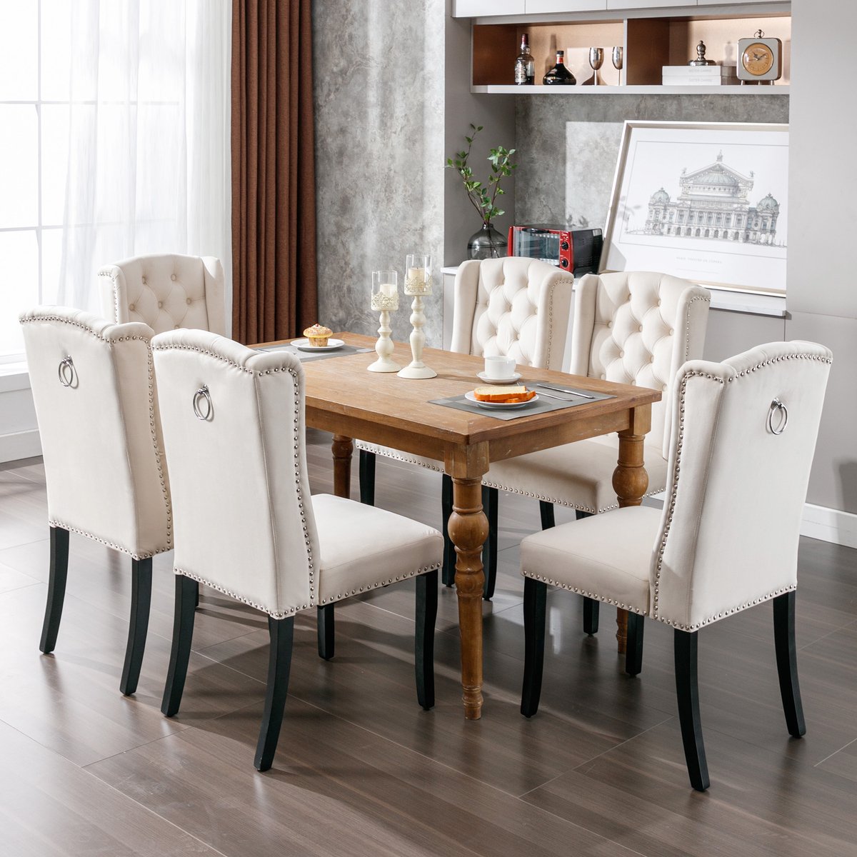 Eetkamerstoelen Set 4 Delig - Velvet Stoelen Met Eiken Poten En Knopen Beige