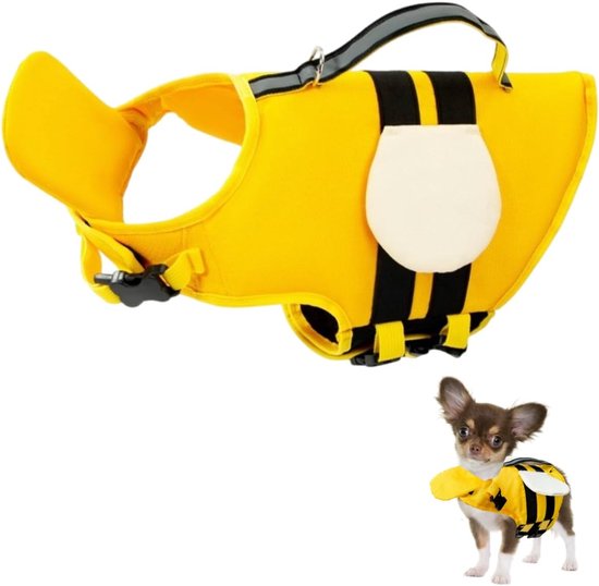 Geel hondenzwemvest met bijen-design, naast een kleine chihuahua die hetzelfde draagt.