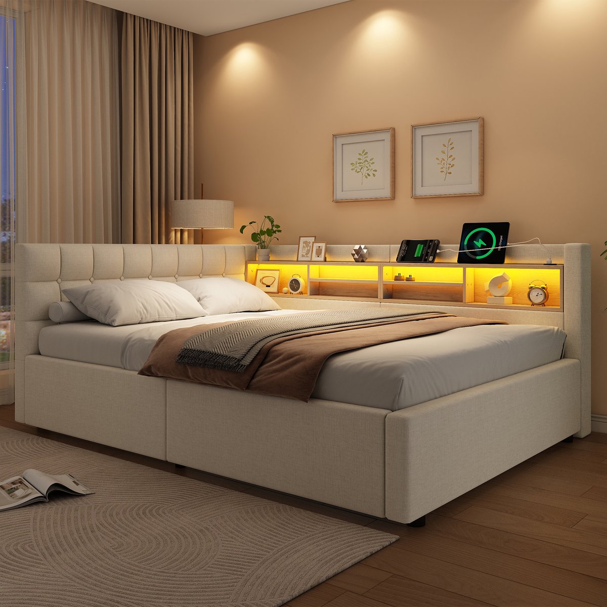 VVBV Bedbank 140x200 cm - Hydraulische Opbergruimte, USB-Aansluiting, Stopcontact, LED-Verlichting - Beige, Linnen