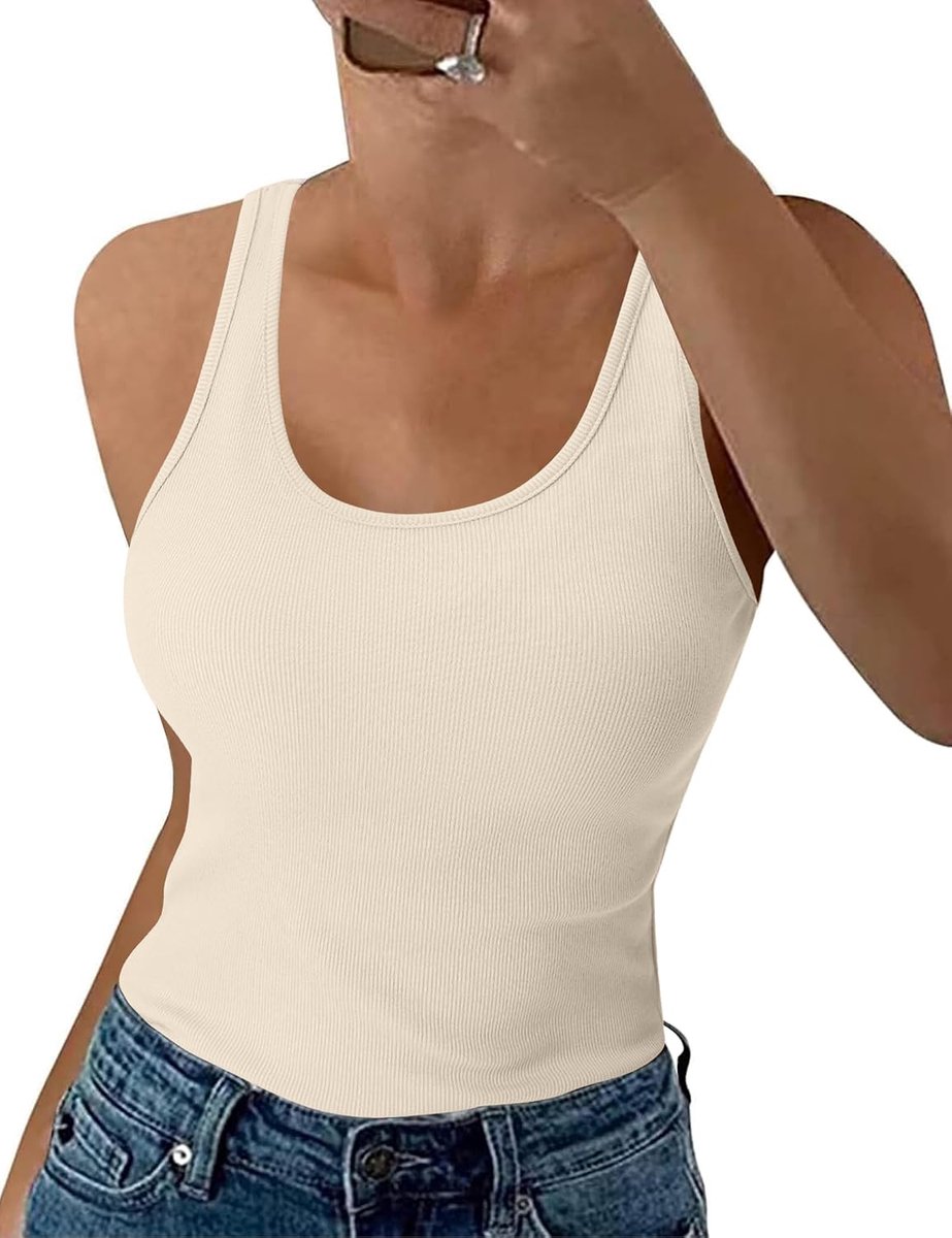 Tanktop dames L - katoen - beige - chic elegant basisstuk voor zomer - ShopVlot