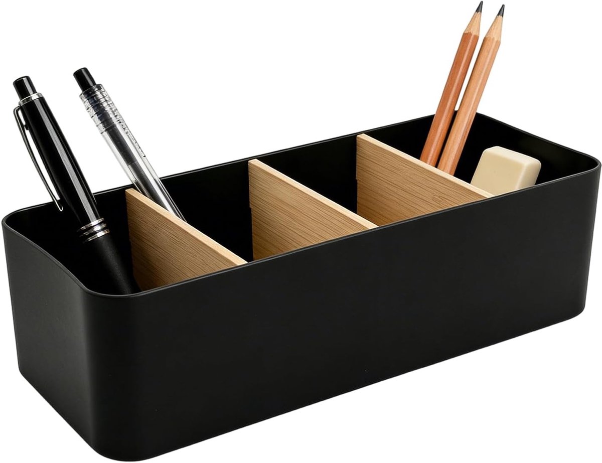 Bureau Organiser met 5 Verwijderbare Compartimenten - Bamboo en Kunststof - Voor Cosmetica en Pennen - ShopVlot
