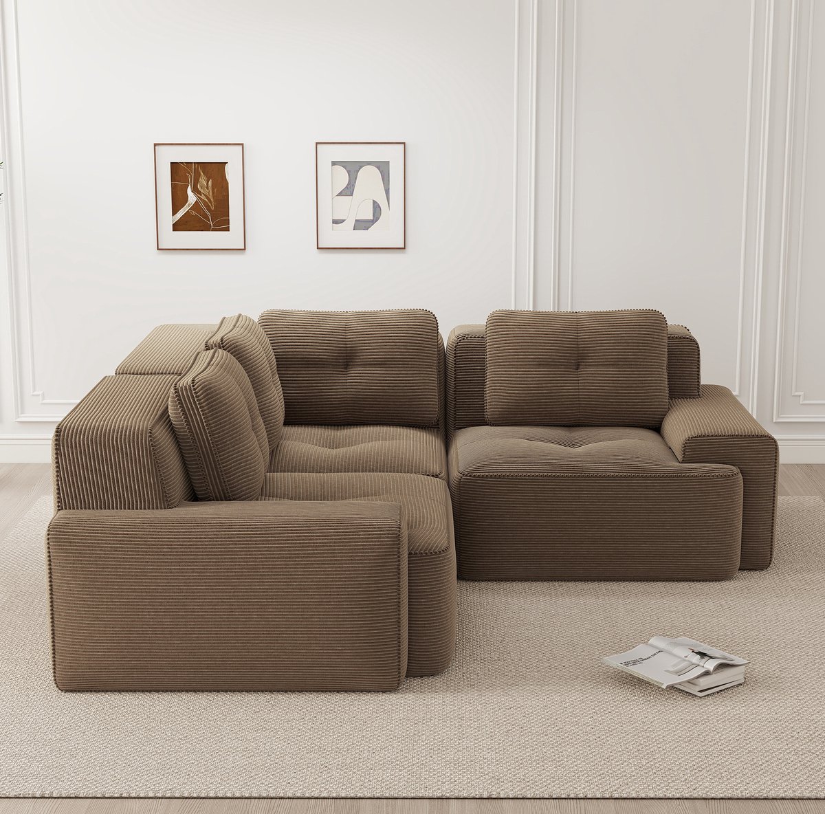MEUNIQ modulaire hoekbank 3-zits 206 x 69 cm in bruin corduroy, zonder montage, met antislip ontwerp voor de woonkamer