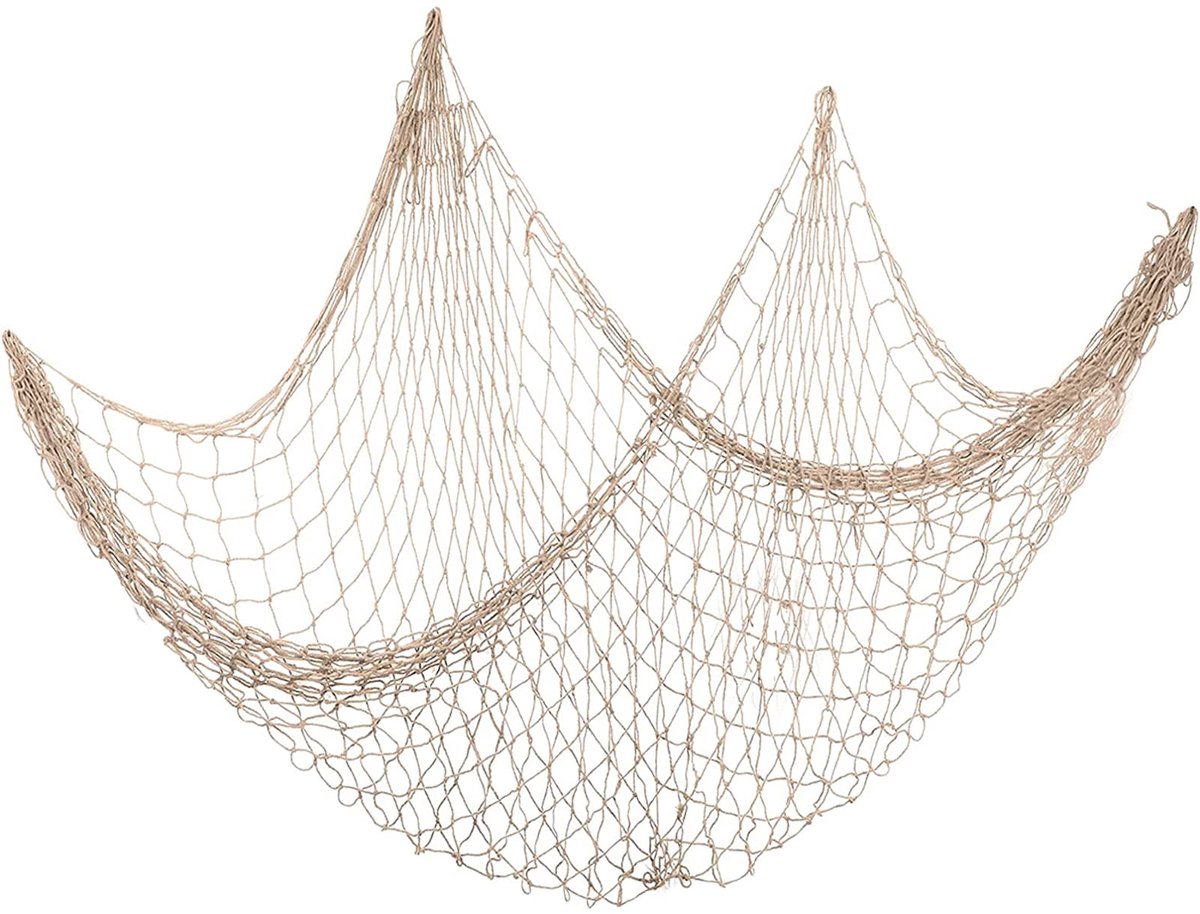Visnet decoratie beige handgeweven - mediterrane stijl - maritieme wandversiering - sfeervolle muurdecoratie - ShopVlot