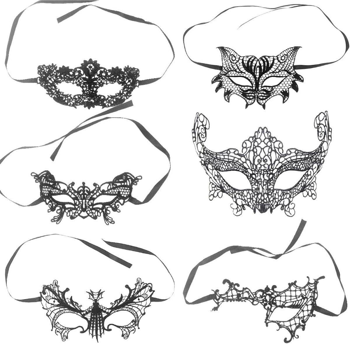 Lace masker set van 6 - zwarte sexy kant - voor carnaval en bal - elegante uitstraling - SnelShoppen