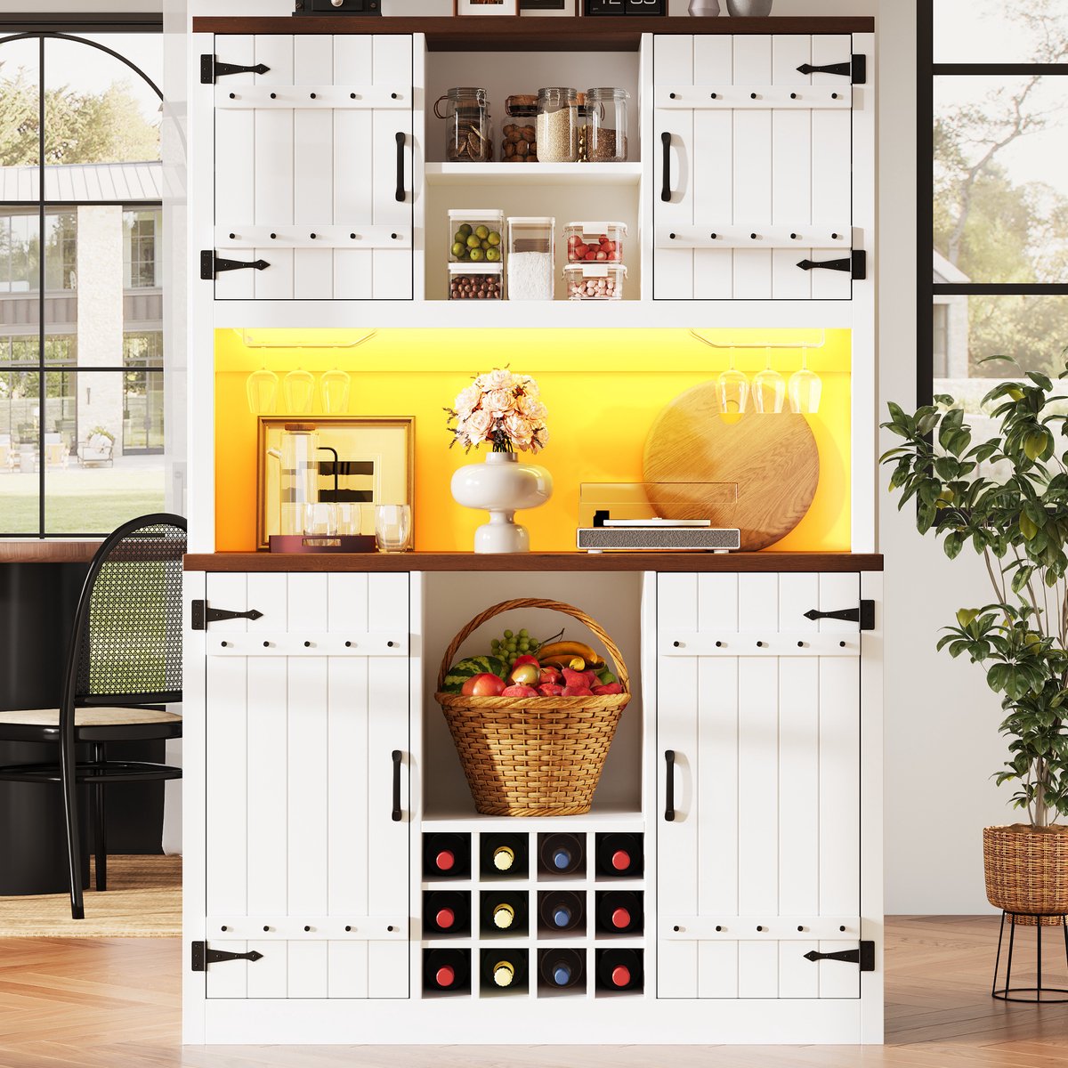 OKWISH Keukenkast - Hoge Kast Met RGB Ledverlichting - Open En Gesloten Opbergruimte - Flessenrek - MDF Wit - 120x40x180 cm