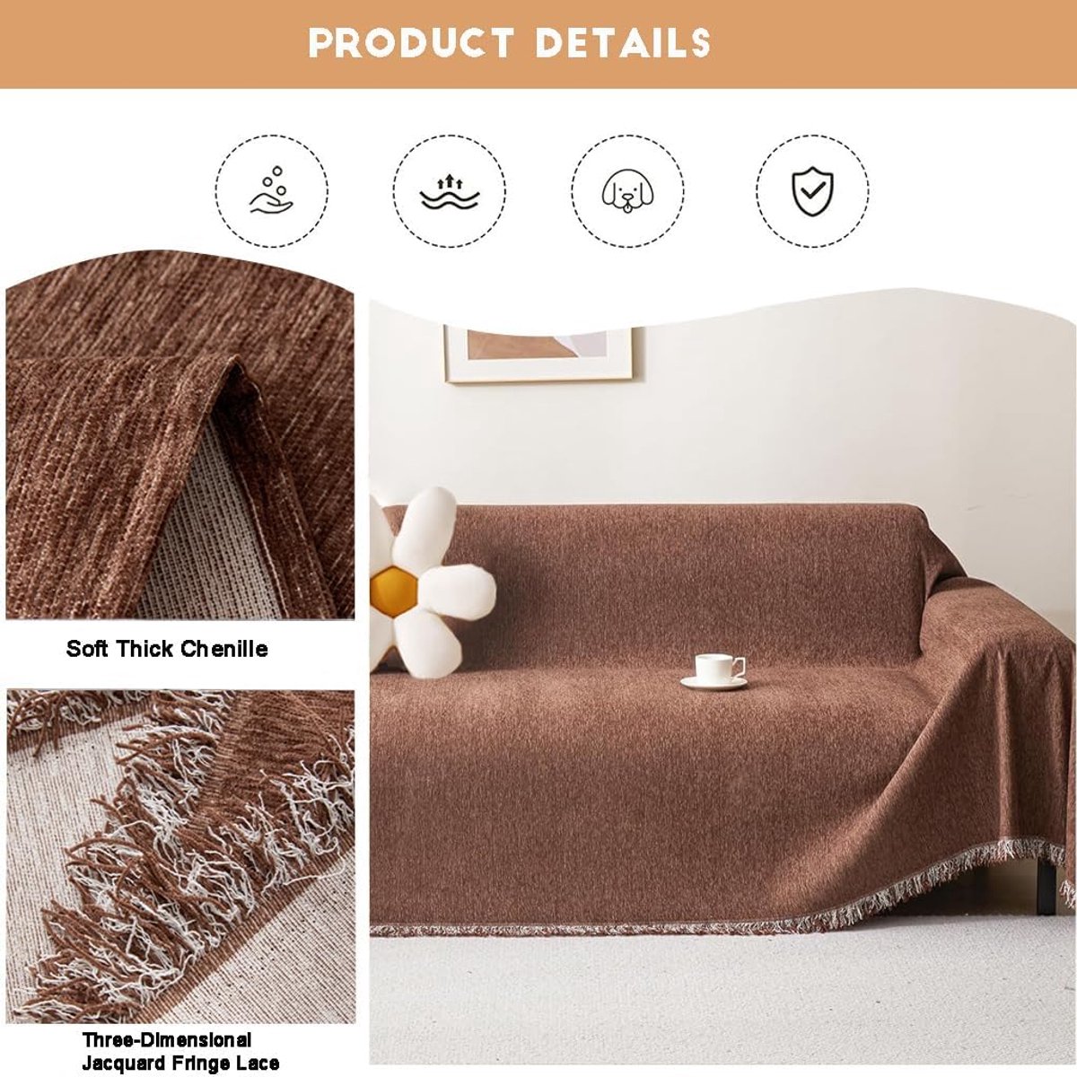 Sofa Throw Blanket 180 x 260cm - Chenille met Fringes - Antislip voor Huisdieren - Decoratieve Sofa Dekking - ShopVlot