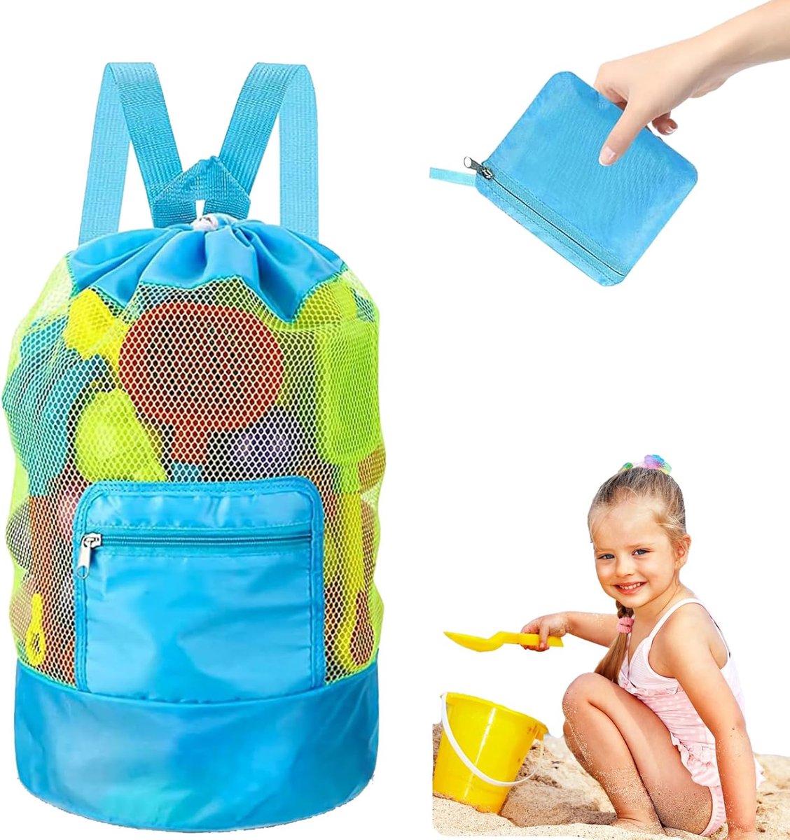 Zandspeelgoedtas mesh rugzak - opvouwbaar en herbruikbaar - ideaal voor zandspeelgoed - perfect voor familievakantie - ShopVlot