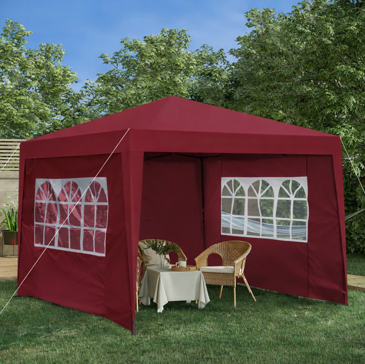 Partytent 3 x 3 m – Opvouwbaar en waterdicht – Stalen Frame – Bourgondië – Met 4 Zijwanden, 4 Zandzakken en UV-Bescherming 50+
