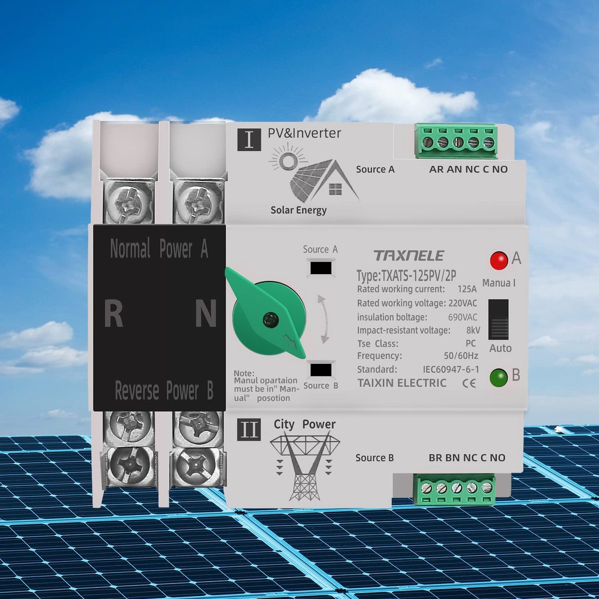 Dual Power Automatische Schakelaar 125A - Ononderbroken Stroomvoorziening - Photovoltaïsch Model - Betrouwbare Backup - ShopVlot