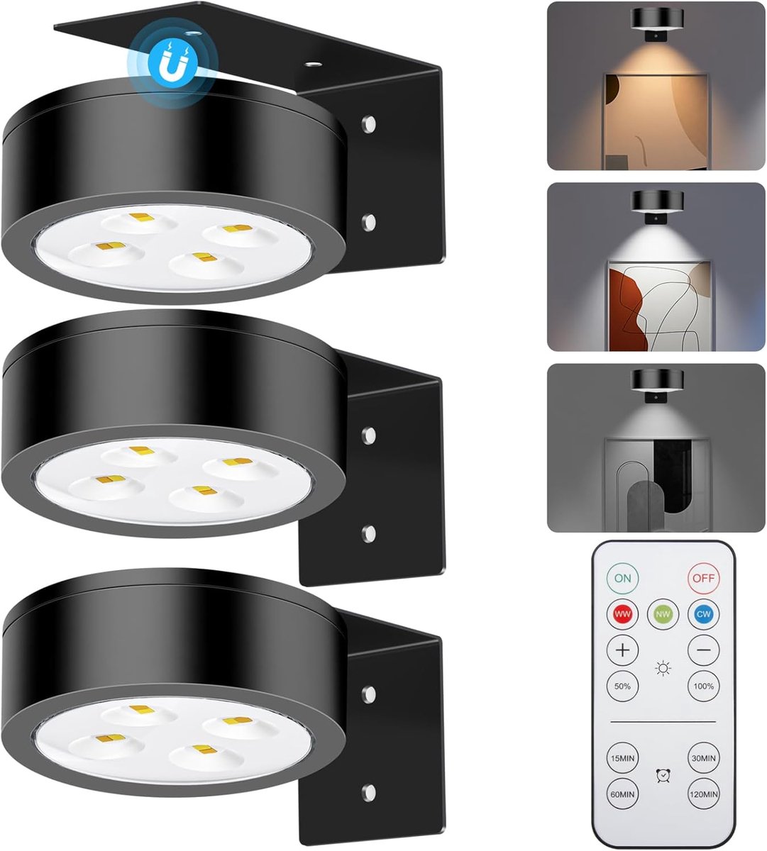 KZQ 3-pack USB-oplaadbare magnetische schilderijlamp voor muur met 3 lichtmodi - LED kunstverlichting - Dimbare afstandsbediening met timer - Zwart