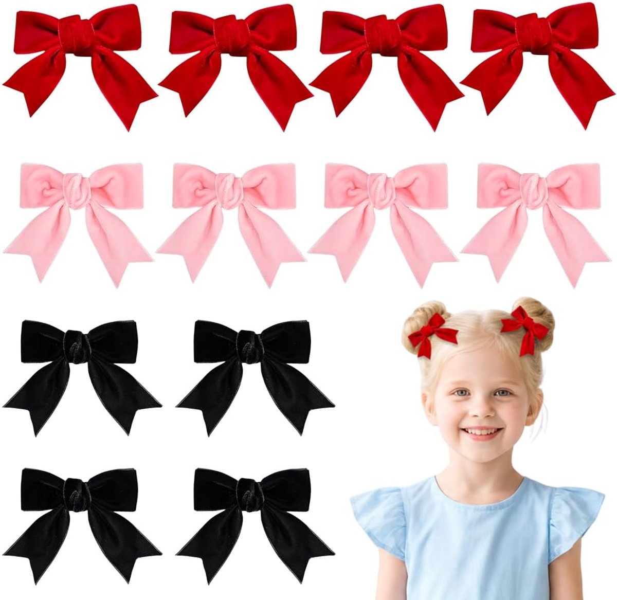 Haaraccessoires voor meisjes - 12 stuks haarstrikken - Roze, zwart en rood - Perfect voor Kerstmis - ShopVlot