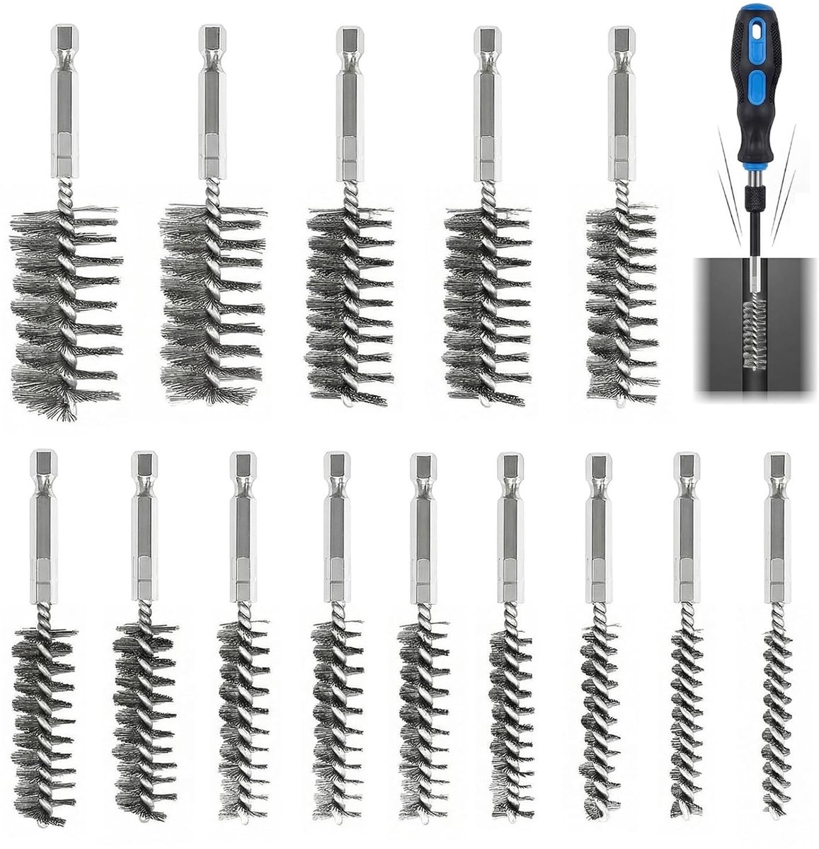Metalen borstelset 14 stuks - roestvrij staal - cilindrisch - ideaal voor reiniging - ShopVlot