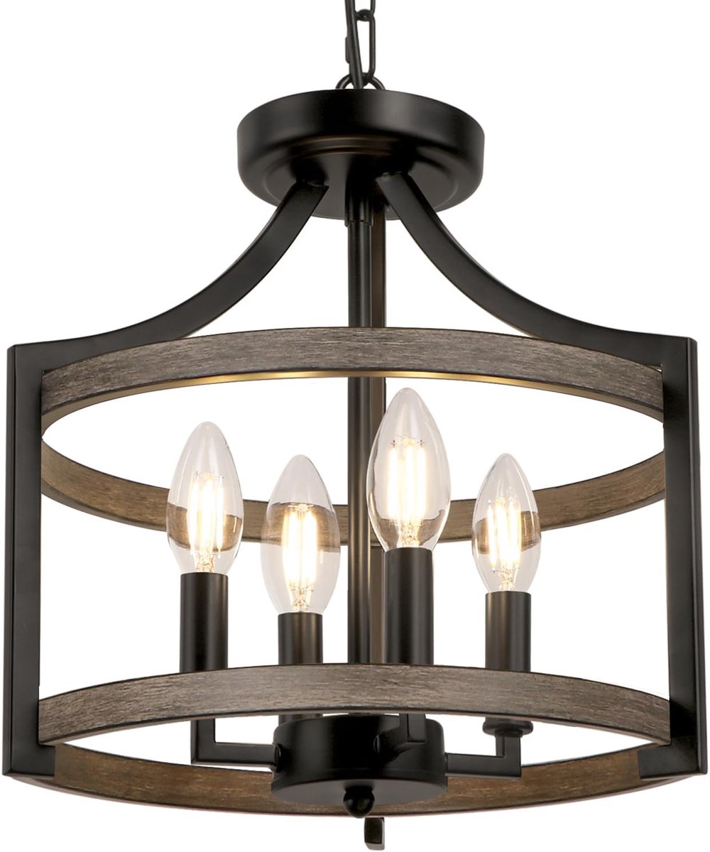 Kroonluchter 4 Lichten - Modern Zwart met Faux Hout - Dimbaar en In Hoogte Verstelbaar - Perfect voor Woonkamer - ShopVlot