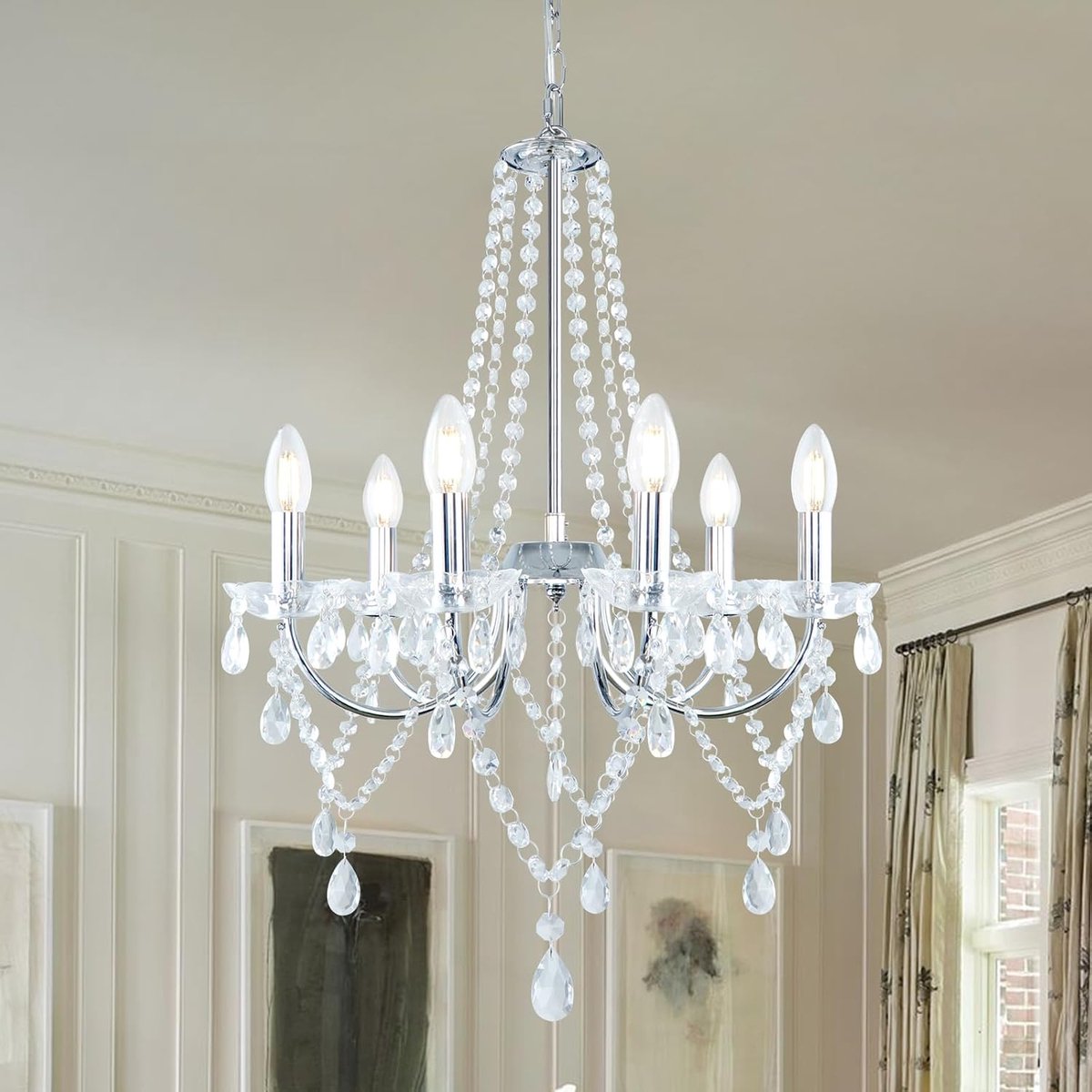 Kroonluchter vintage, 6 lampen - hoogte verstelbaar - chroom met kristallen - moderne uitstraling voor woonkamer - ShopVlot