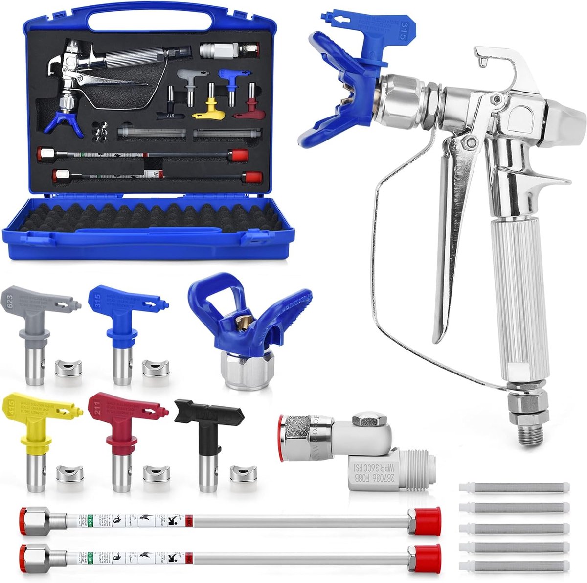 Verfspuitset 16-delig - 3600 PSI hogedruk spuitpistool met 5 omkeerbare spuitmonden - ideaal voor precisieverfwerk - ShopVlot