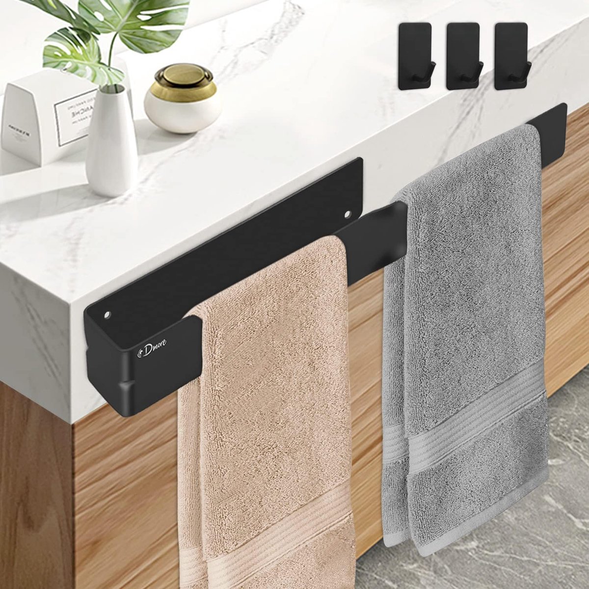 Handdoekhouder zonder boren - 304 roestvrij staal - zwart - met 3 zelfklevende haken voor een opgeruimd interieur - ShopVlot