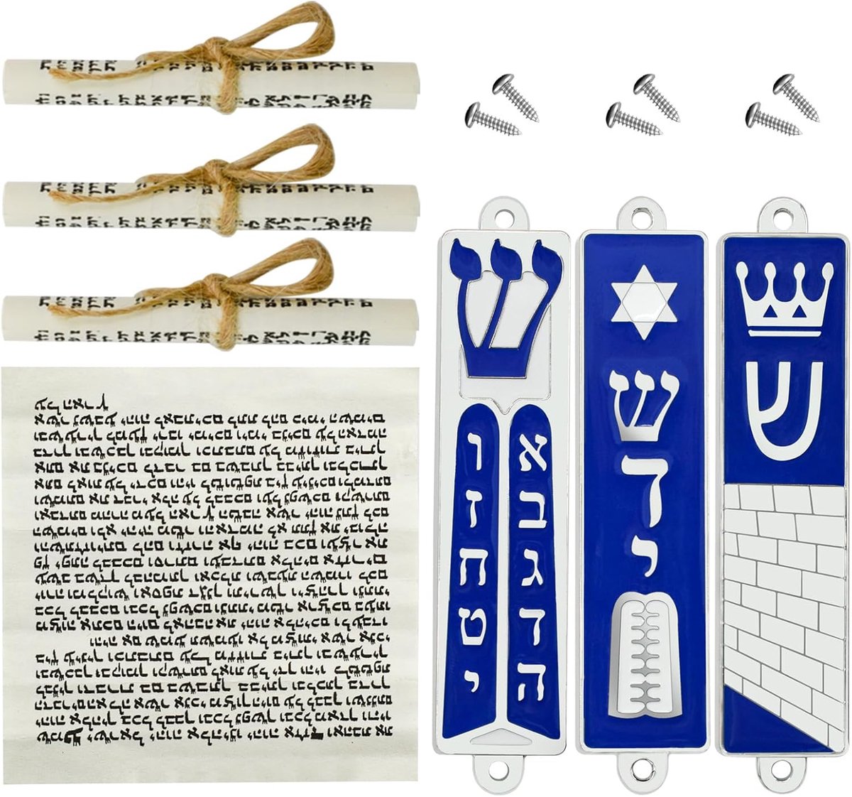 Mezuzah set van 3 - Jerusalem Mezuzah met Ster van David - Blauw zilveren design - Perfect als Joods cadeau - ShopVlot