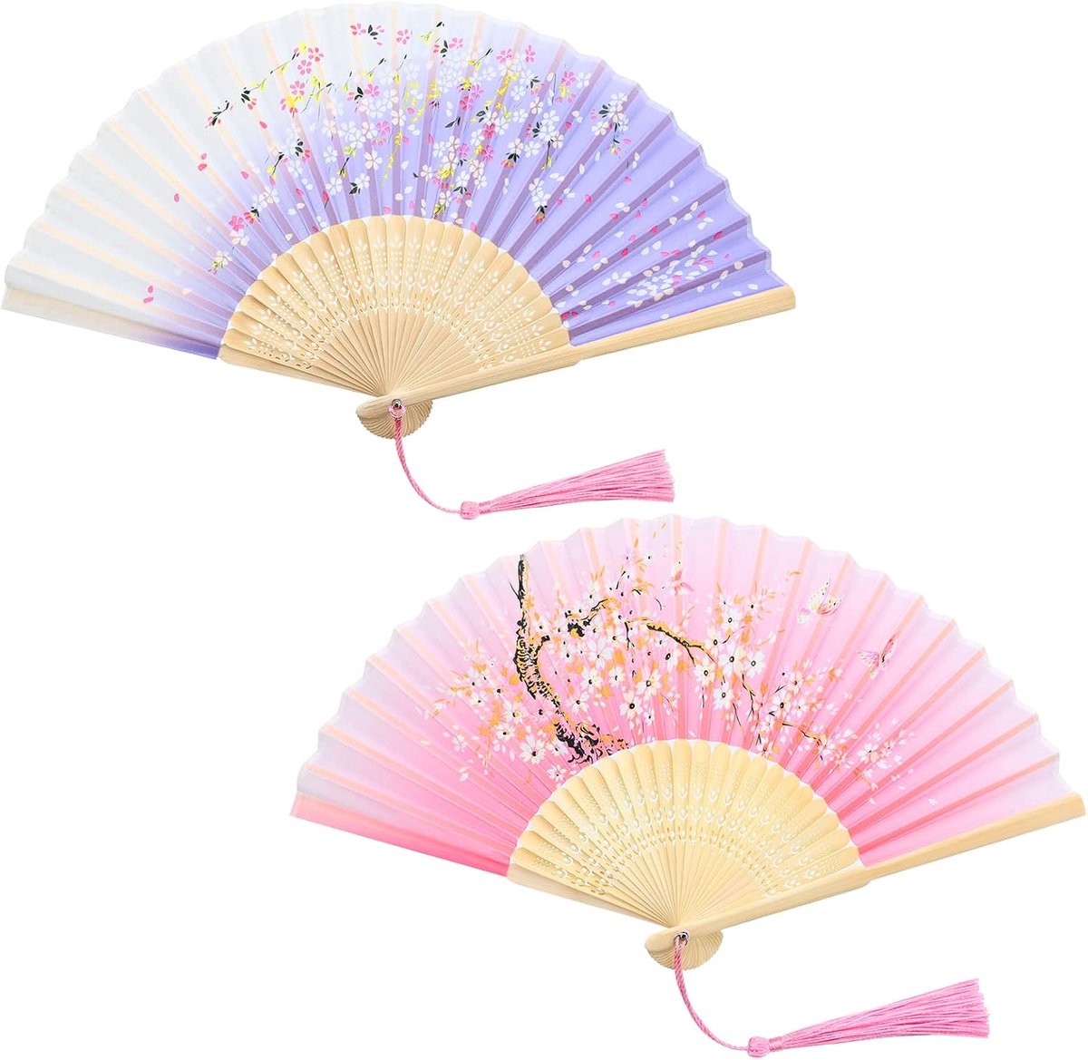 Vouwbare handfan 2 stuks - Chinese zijde met franjes - klassiek bamboe - perfect voor bruiloften en feesten - SnelShoppen
