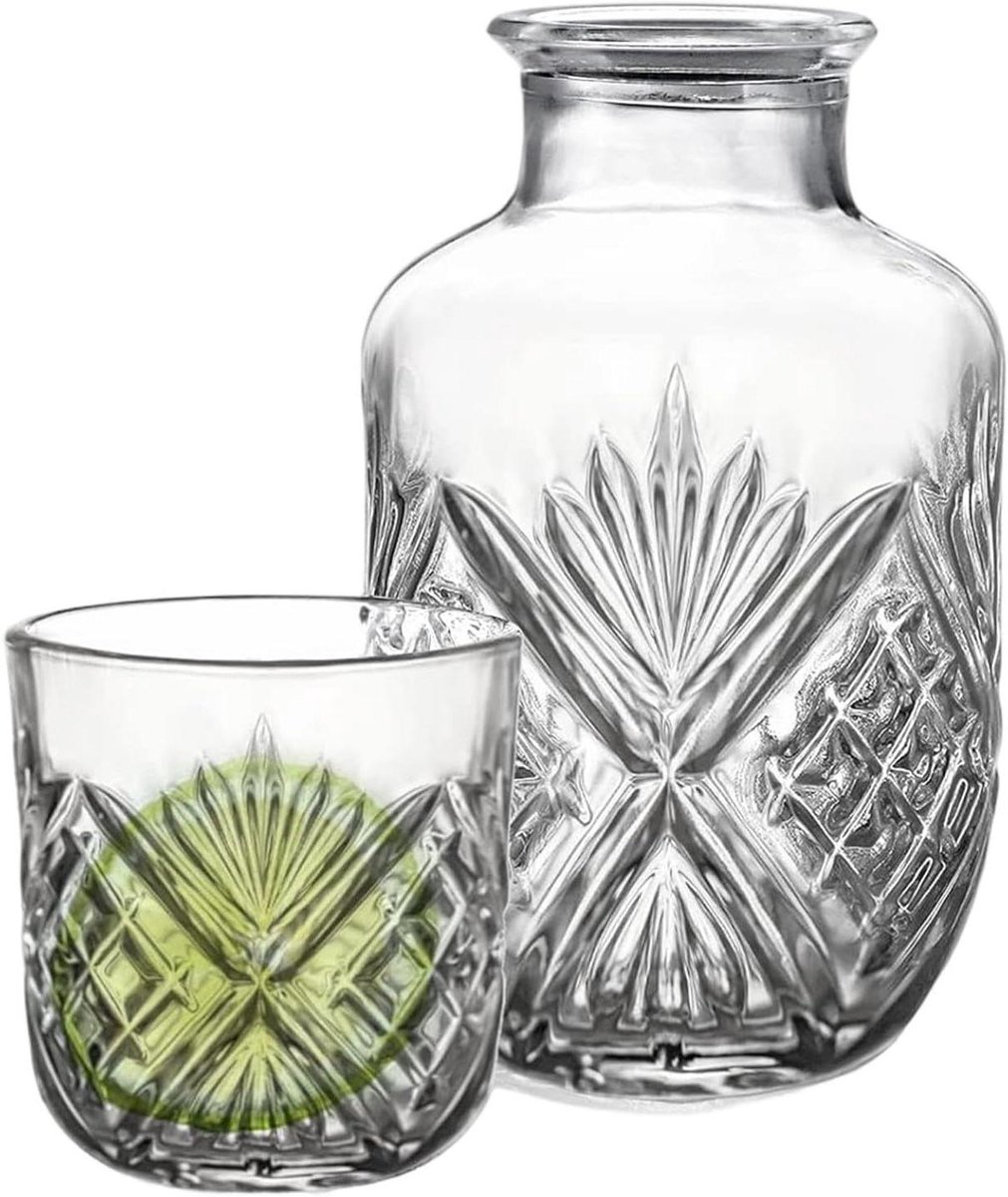 Nachtkastje Waterkaraf - Drinkwaterkan Glas - Hydratatie Slaapkamer - Gedetailleerd Patroon - 12 cm Breed - IJsbloemstijl