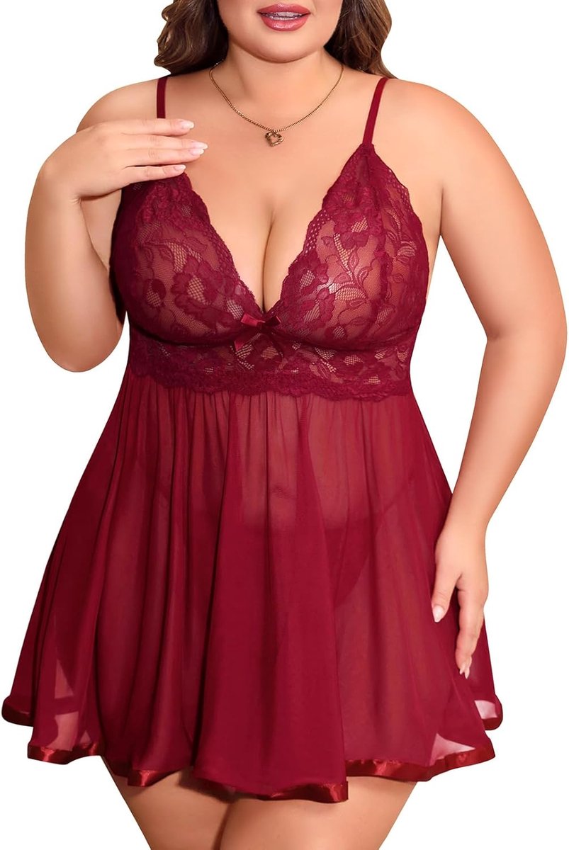 Lingerie voor dames, sexy ondergoed, babydoll, kant, transparant, pyjama, mini-jurk met V-hals, hemd, grote maten, ondergoed met string, XL-4XL