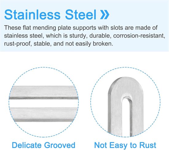 2 stuks verstelbare platte reparatieplaat met sleuf, 155 x 19 mm roestvrij stalen rechte steunhoek voor houten meubels, zilver — afbeelding 4