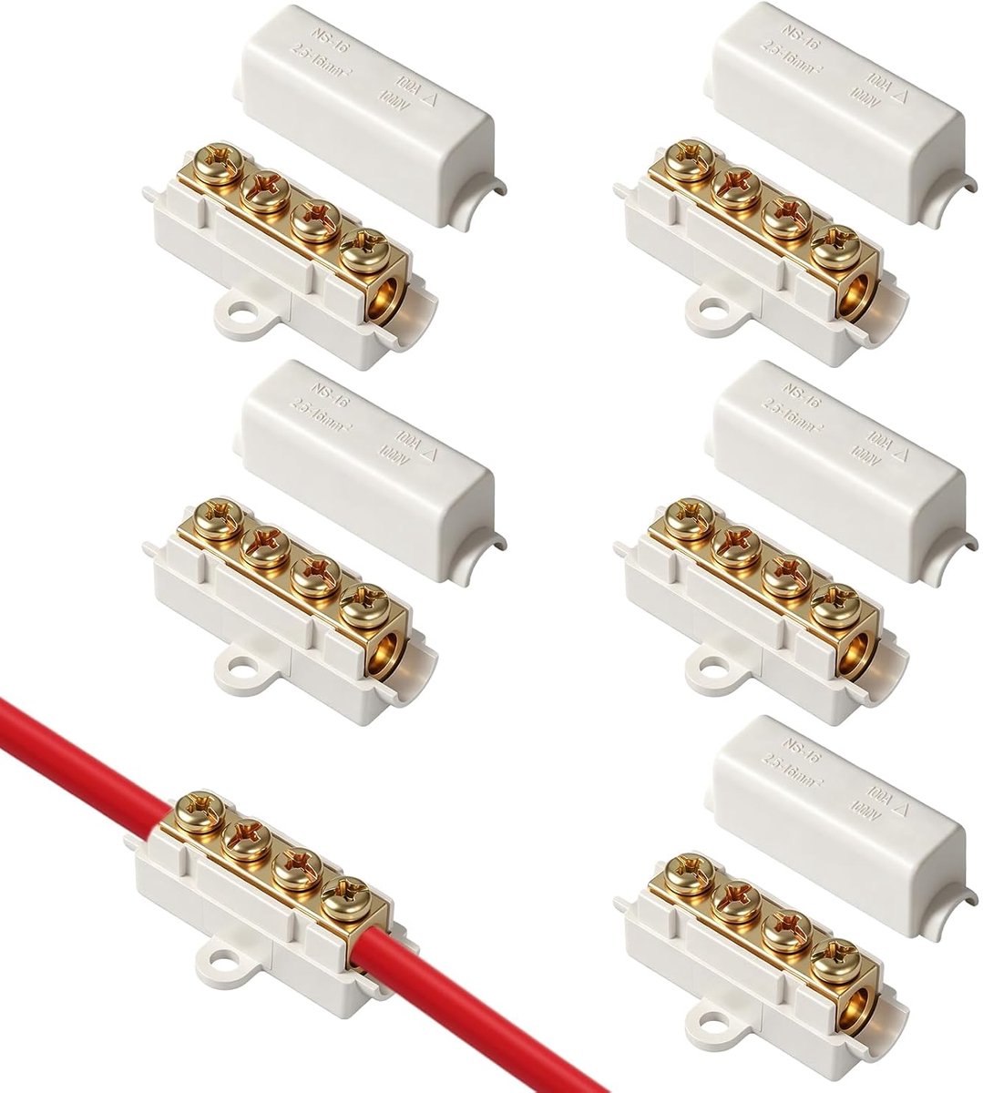 Lot van 5 elektrische kabelconnectoren 1000 V 100 A, koperen draadconnector met draadklem met dubbele schroef, aansluitklem met hoge prestaties voor draden 2,5 tot 16 mm²